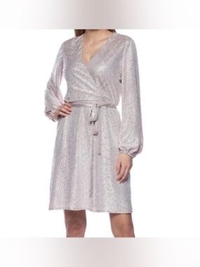 MARINA V-Neck Long Sleeve Foil Dot Wrap Dress